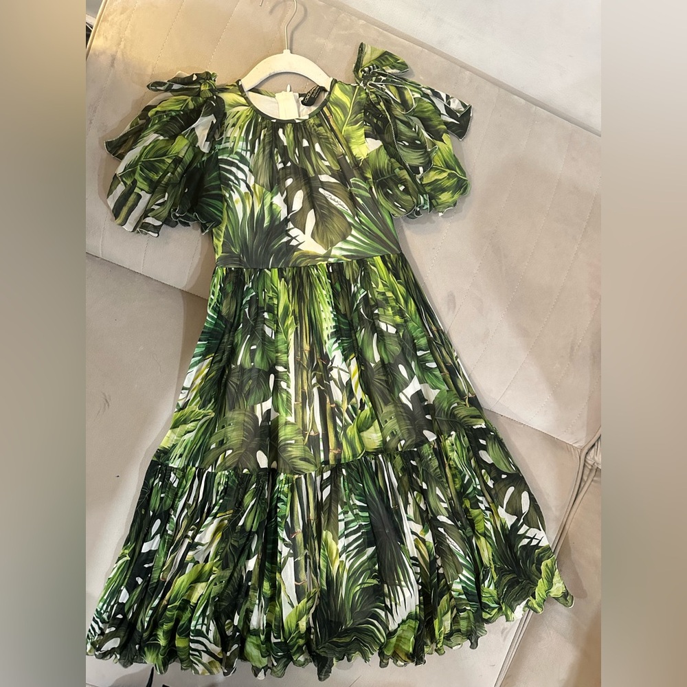 Dolce & Gabbana Green Leaf Print Silk Maxi Dress
